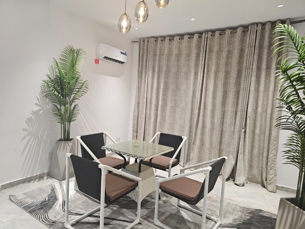 Modern dining salon with 4-seater woven dining set and indoor plants
