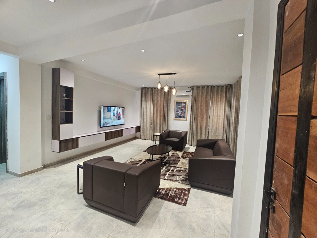 Royal Bliss executive living salon with leather lounge seating, Smart TV, and area rug
